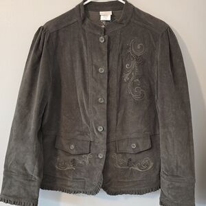 Artisans Women's Large Olive Green Embroidered Button down ruffled jacket